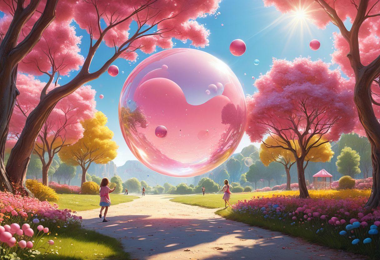 An enchanting bubblegum sphere floating amidst a whimsical landscape filled with vibrant, oversized candy trees and sparkling bubbles. Delicate rays of sunlight create a cheerful ambiance, highlighting the playful essence of the scene. Include children joyfully playing around the bubblegum sphere, expressing laughter and excitement. The color palette should feature pastel pinks, blues, and yellows, exuding a sense of fun and joy. super-realistic. vibrant colors. dreamy atmosphere.