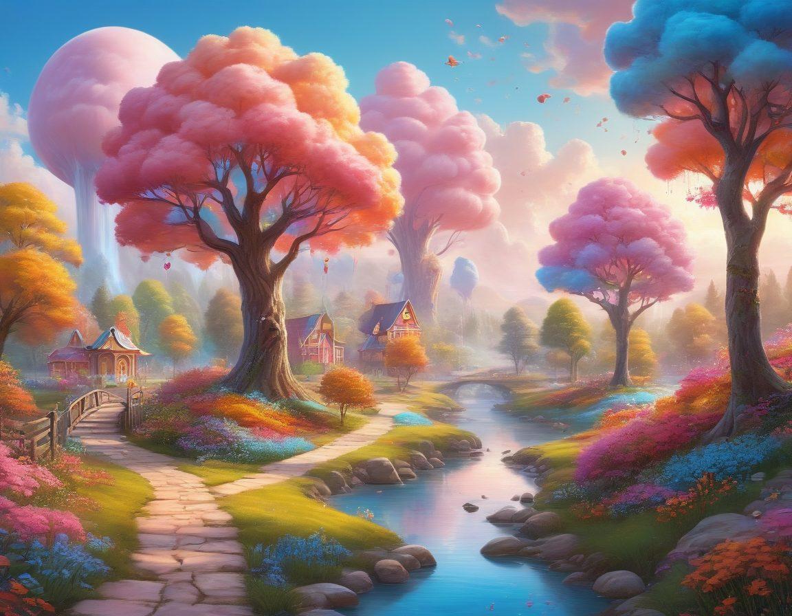 A vibrant bubblegum paradise featuring oversized gumdrop trees, cotton candy clouds, and a sparkling blue river of bubblegum soda, with whimsical creatures like candy-colored squirrels and playful fairies frolicking about. The scene is bathed in pastel hues, creating a lighthearted and enchanting atmosphere. Include a sun with a smiling face shining down on a rainbow path leading through this whimsical landscape. super-realistic. vibrant colors. bright and cheerful.
