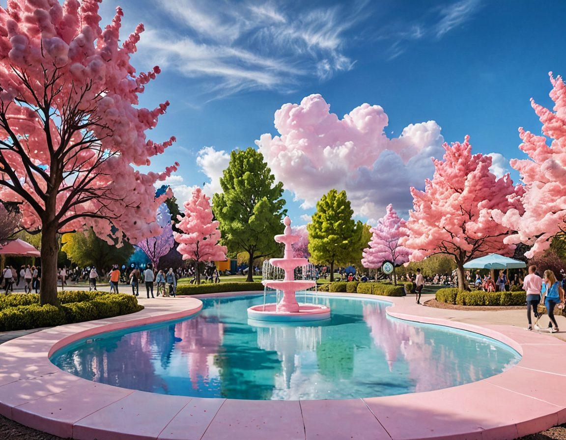 A whimsical bubblegum-themed paradise featuring vibrant cotton candy clouds and oversized gumdrops scattered throughout a colorful, lively community park. Children of diverse backgrounds joyfully play in the bubblegum fields, while adults relax at gumball fountains surrounded by pastel-colored trees. The sky is a radiant pink with hints of blue, casting a magical glow over the scene. The atmosphere is joyful and inviting, evoking a sense of togetherness and delight. super-realistic. vibrant colors. dreamy.